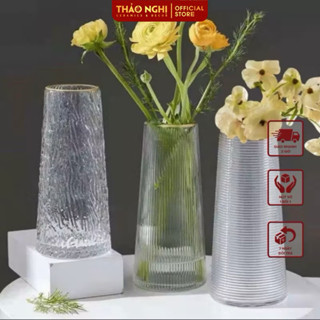 Lọ hoa thủy tinh dáng trụ vát cao cắm hoa tươi, hoa khô, trang trí Decor