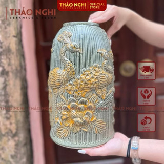 Bình hoa gốm Bát Tràng - Lọ cắm hoa dáng chuông cao 30cm hoa văn Khổng Tước vân nổi men nam chảy - Bình gốm cắm hoa | TN