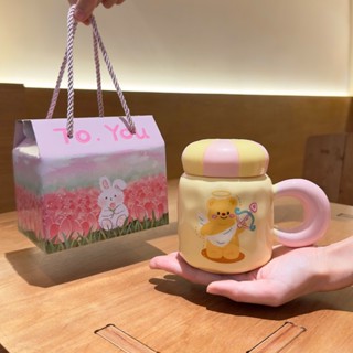  Cốc uống nước cốc sứ hình gấu dễ thương làm quà sinh nhật quà tặng 400ml Có nắp kèm hộp quà - TGX02 