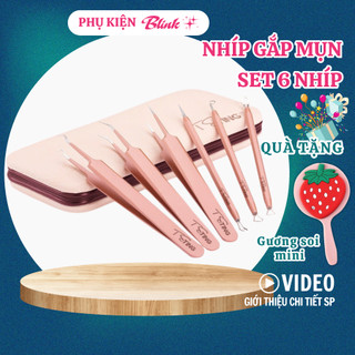 Bộ dụng cụ nặn mụn 6 NHÍP mẫu mới 2024 màu vàng hồng có kèm gương, cây gắp mụn chuyên nghiệp spa thép không gỉ cao cấp