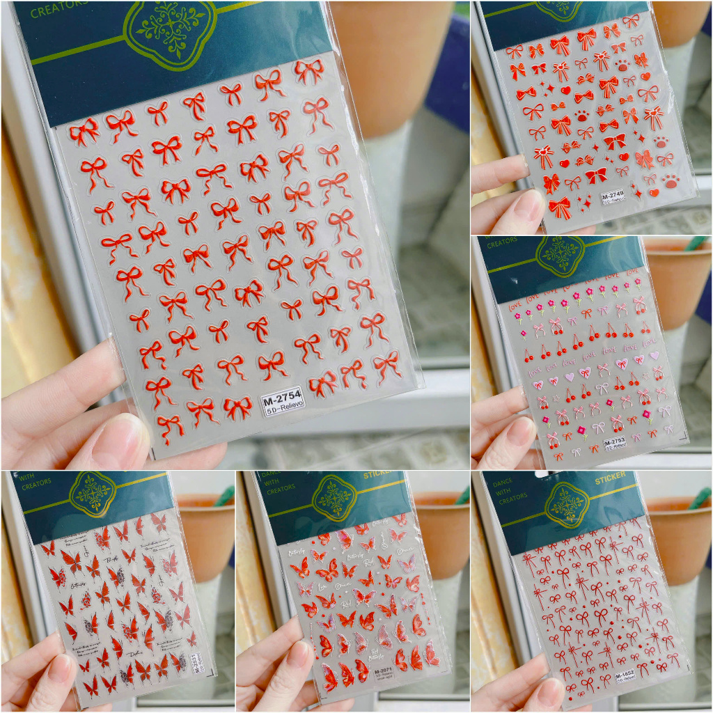 Sticker 5D đỏ Tết may mắn mẫu nơ cherry trái tim bứm mừng năm mới