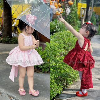 [Thiết kế chính chủ] Set váy bé gái FORM NGẮN nơ tháo rời + chip hiệu ứng lông rũ sang trọng chất liệu cotton cao