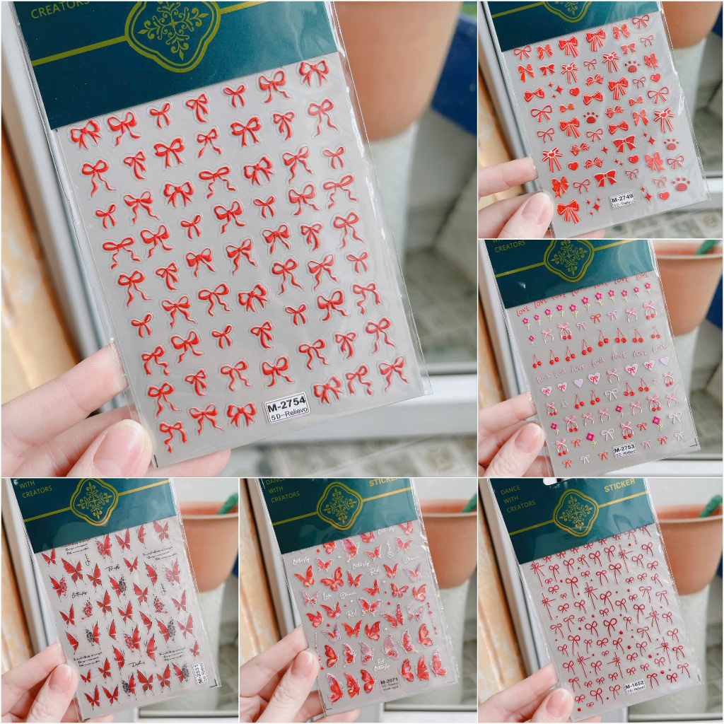 Sticker 5D đỏ Tết may mắn mẫu nơ cherry trái tim bứm mừng năm mới