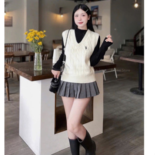  Áo Gile Len Nữ Thêu Ngựa Basic Cổ V Vặn Thừng Hàng QCCC 