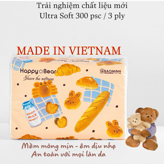 Giấy Ăn Rút HAPPY BEAR Ultra Soft 300T & Softness 360T, Khăn Giấy Lụa Trắng 3 Lớp Cao Cấp Dai Dày Mềm Mại