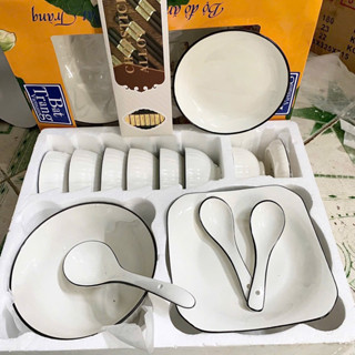 Bộ Bát Đĩa Sứ + hộp quà [18 món] bộ bát tràng hoạ tiết hoa tím cực đẹp, dùng được lò vi sóng ảnh thật 100%