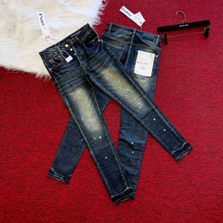 Quần jean bò nam Purple skinny wash xanh đậm mài bụi trơn vảy sơn dập nhăn 3D loang 4 cúc mác lụa
