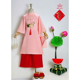   HỎA TỐC  Set áo dài hoa sen thêu quần suông cho bé gái vải lụa mát diện lễ tết năm mới từ 10-45kg hàng thiết kế 