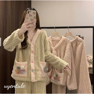  Bộ quần áo bông dài tay ống rộng nữ Họa Tiết,bộ đồ mặc nhà nữ phong cách hàn quốc nhung lông 