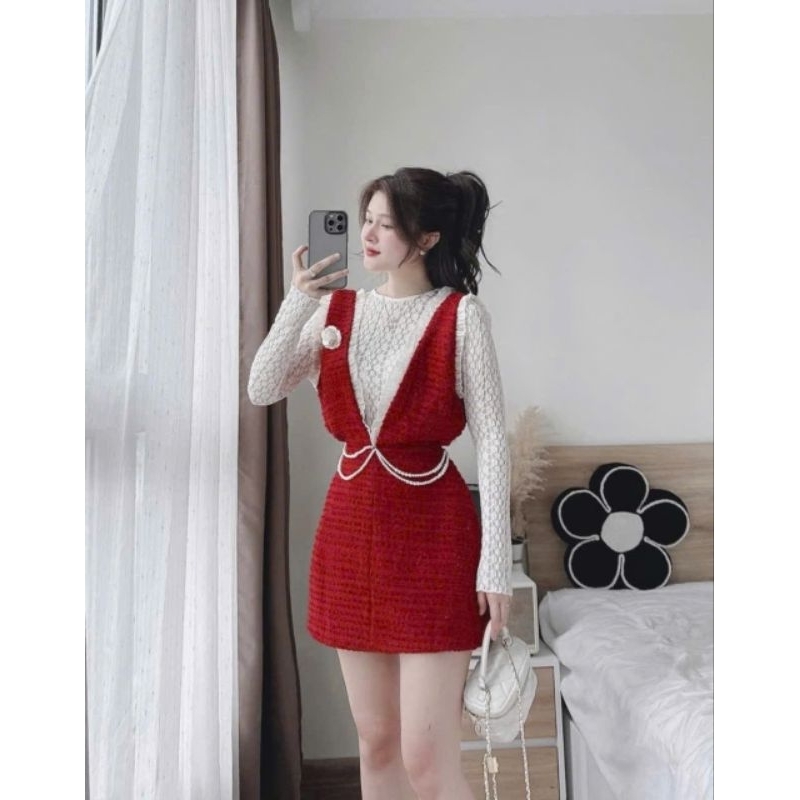 Sét đầm yếm đỏ dạ bố áo ren tay dài kèm bông - Nữ - Top, Women, Kem, Sen