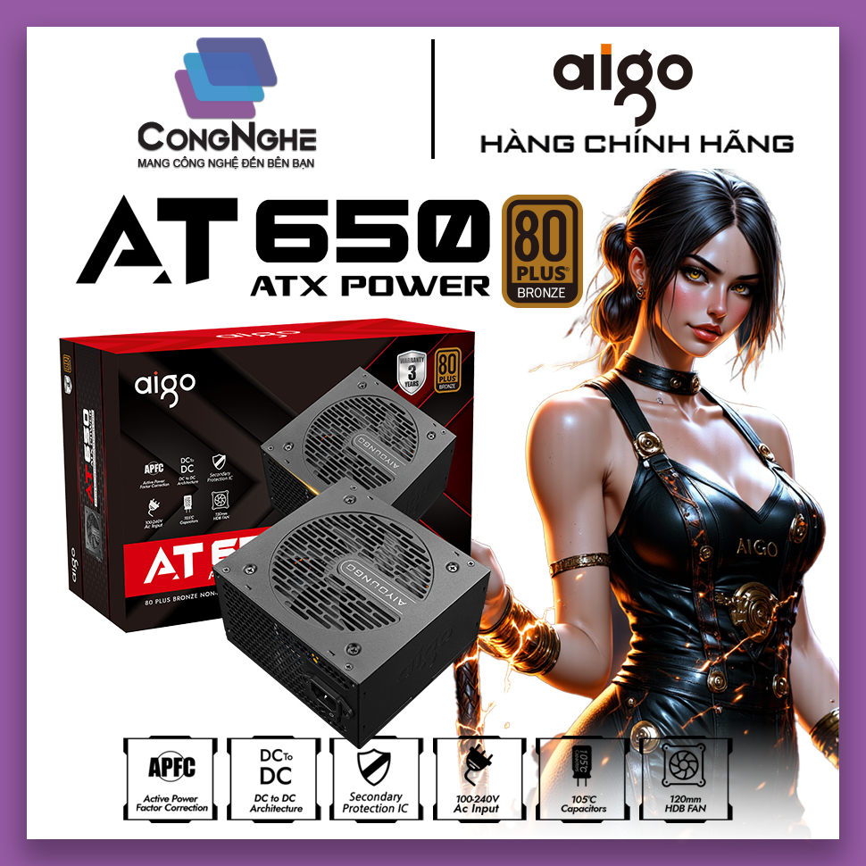 BỘ NGUỒN MÁY TÍNH AIGO MODEL AT650 CÔNG SUẤT 650W, APFC, DC TO DC 80 PLUS BRONZE