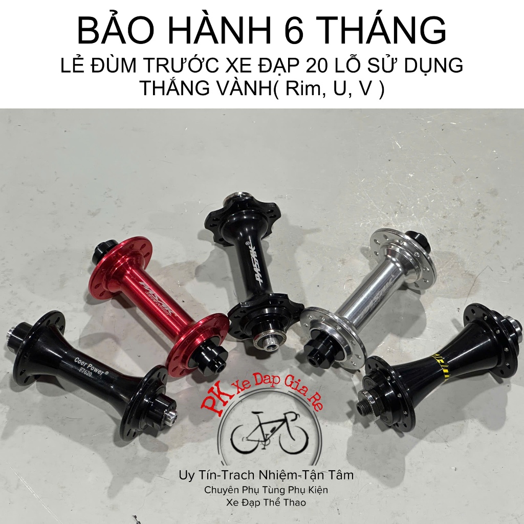 Lẻ đùm trước xe đạp 20 lỗ sử dụng phanh bóp vành, Đùm trước nhôm chạy bạc đạn 20 lỗ cao cấp, Moayo n