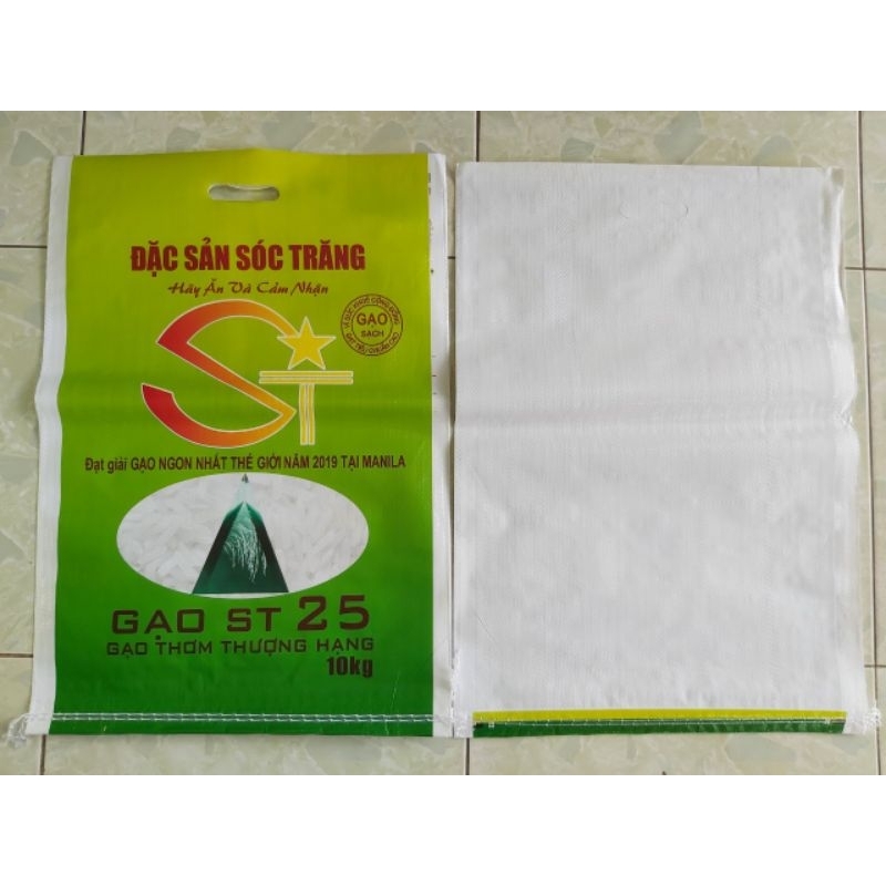 Combo 50 cái, vỏ bao đựng gạo 10kg ST25, bao trong nhìn thấy hạt gạo.