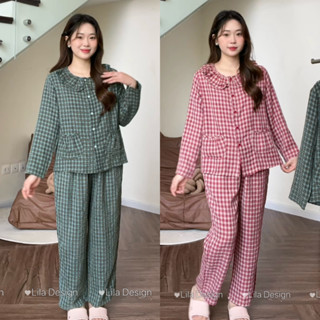 Bộ quần áo kẻ caro k14 - Bộ pịama nữ Lila dáng dài cổ nhún bèo chất thô cotton mềm mịn,thấm hút mồ hôi