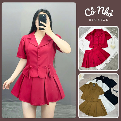 Set Vest Nữ Bigsize Sang Chảnh Cổ Áo Vét Tay Bồng Kèm Chân Váy Xếp Ly Xòe Vải Cotton Lạnh SET72
