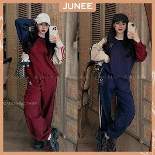 Set Bộ Đồ Nữ DAS Áo Sweater Cổ Tròn Phối Tay 2 Màu Viền Sọc Vai Mix Quần Dài Cạp Chun Bo Gấu Dáng Freesize