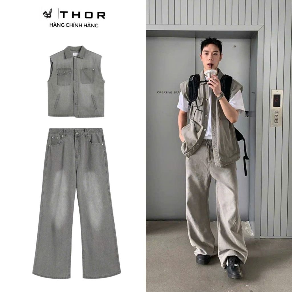 THOR set đồ jeans gồm áo gile Denim và quần Jean ống rộng bộ đồ áo gile quần bò form suông rộng chất