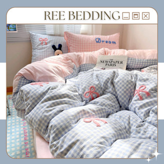 Bộ chăn ga gối REE Bedding Cotton đũi thêu nơ caro đủ size giường nệm CTD375
