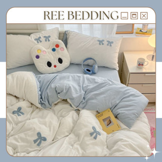 Bộ chăn ga gối REE Bedding Cotton đũi thêu nơ đủ size giường nệm CTD374