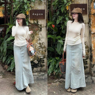 Chân váy jeans dáng dài (~93-94cm) đuôi cá xẻ sau hàng Y8 ảnh sàn thật - sẵn