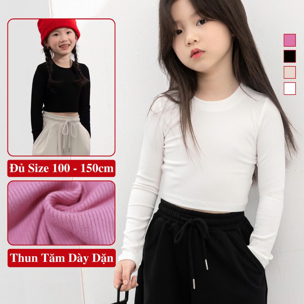 Áo Croptop Thun Gân Tăm Tay Dài Cho Bé Gái KooKoo Co Giãn Dáng Ngắn Ôm, Áo Thun Gân Tăm Croptop Dài Tay Cho Bé Gái