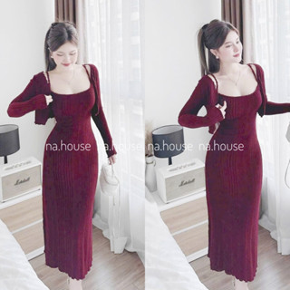 Đầm body 2 dây đỏ kèm áo khoác đi chơi dạo phố Nahouse set đầm nữ len ren dáng dài thiết kế đẹp xinh xắn xịn sang trọng