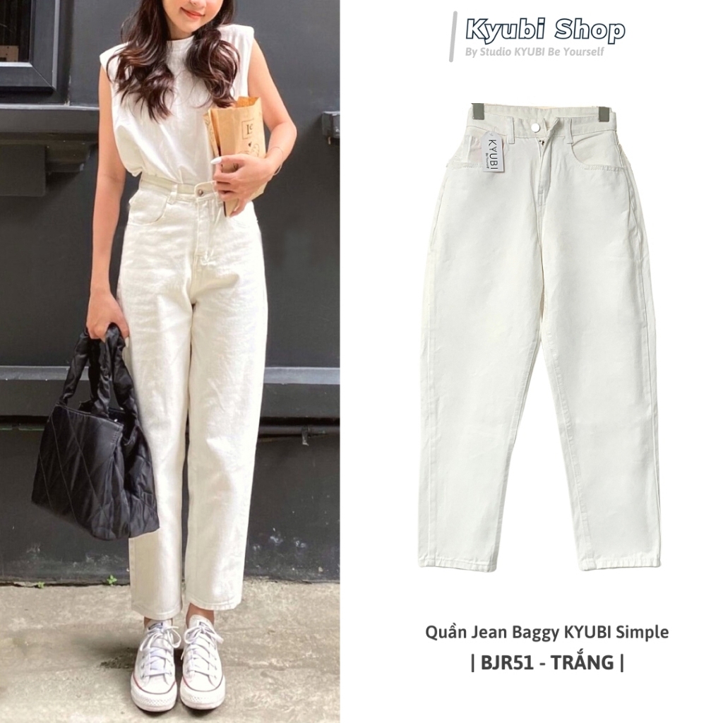 Quần jean trắng nữ baggy cạp lưng cao dáng hàn quốc ulzzang (Nhiều màu, có bigsize) - quần baggy jeans bò KYUBI JG51W