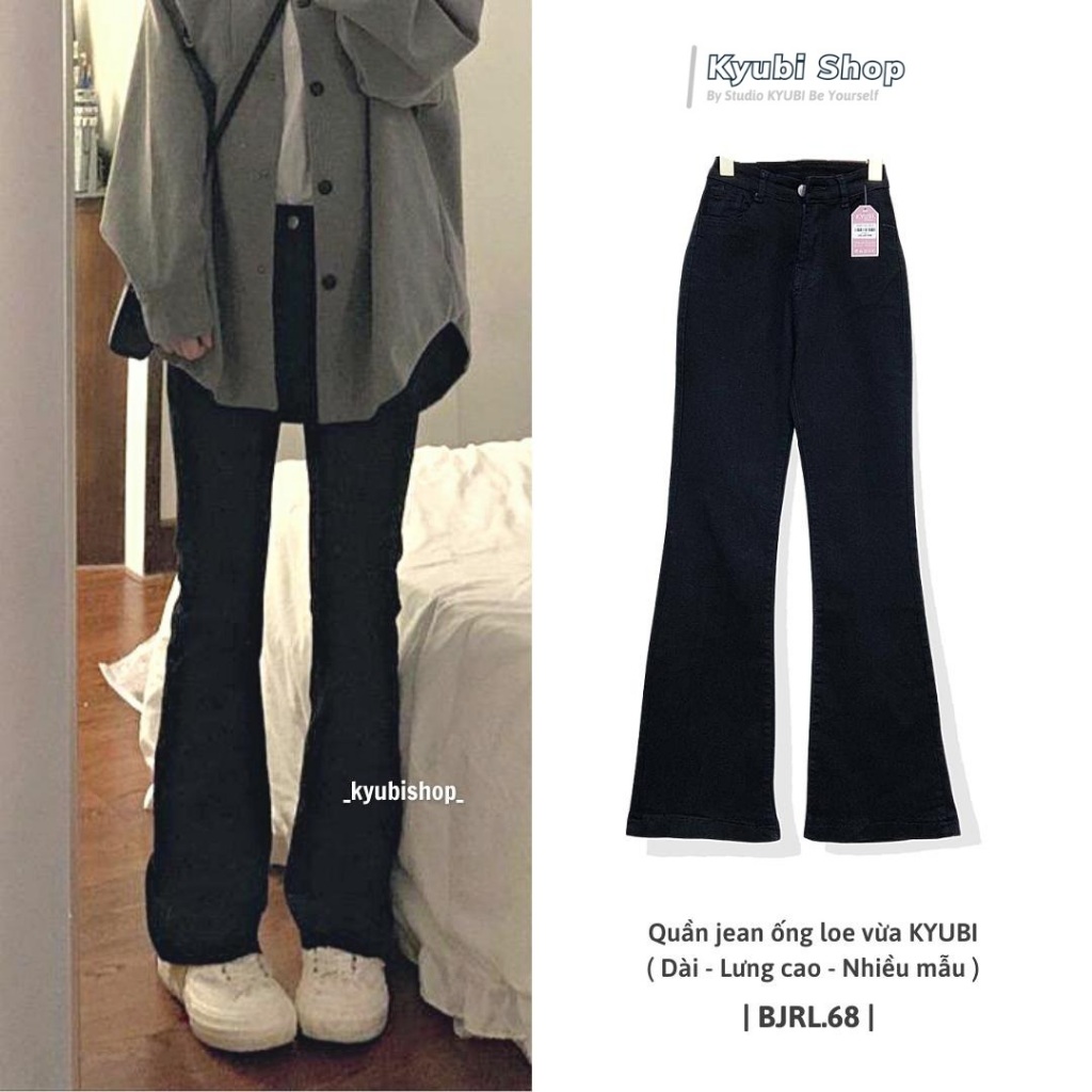 Quần jean ống loe đen KYUBI cạp lưng cao chất jean cao cấp co dãn - Quần jeans nữ ống bass vẩy JL68B