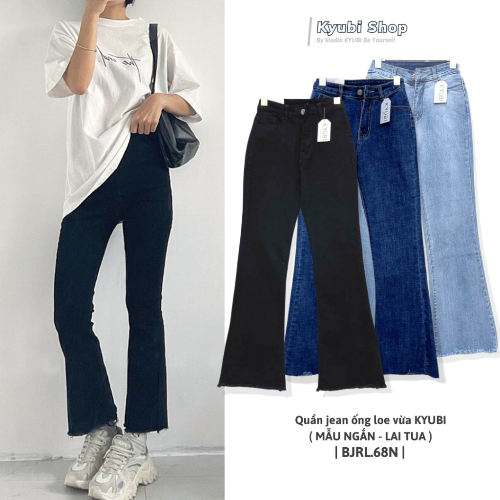 Quần jean ống loe vừa 9 tấc lưng cao KYUBI, quần bò ống loe dáng lỡ ngắn jean co dãn 4 chiều cao cấp dày dặn - JL39