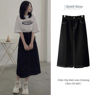 Chân váy jeans kaki ulzzang cạp chun (Có bigsize) - chân váy bò dáng midi lưng cao hàn quốc màu đen chỉ nổi KYUBI CV025