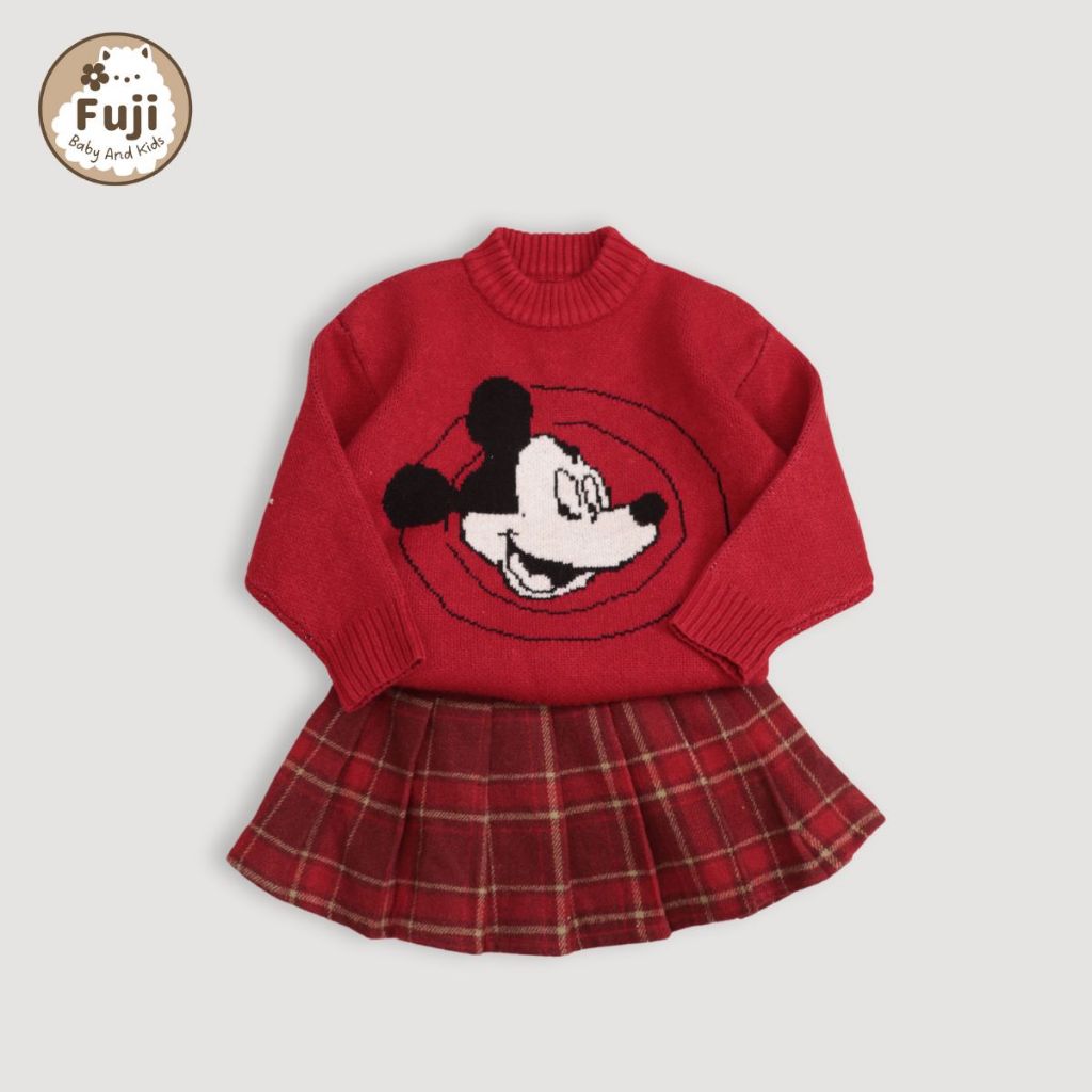 [12-28kg] Áo len bé gái AMY BABY nội địa trung chân váy xếp ly dạ đỏ Mickey cho bé 1 tuổi đến 10 tuổ