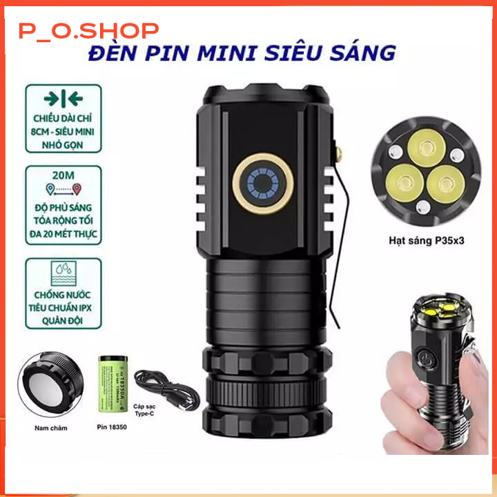 【🔥Rẻ】Đèn pin mini cầm tay siêu nhỏ siêu sáng tỏa X-BALOG 350X vỏ nhôm, chống nước IPX7, có móc gài, 