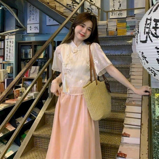 Set bộ thời trang nữ mặc đi chơi đi tết chất áo voan tơ thêu cổ tàu tay ngắn váy lưng thun 2 lớp dáng chữ A dài maxi