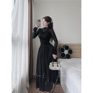  Váy Ren Dài Tay đính hoa nổi ôm body dáng dài phong cách 