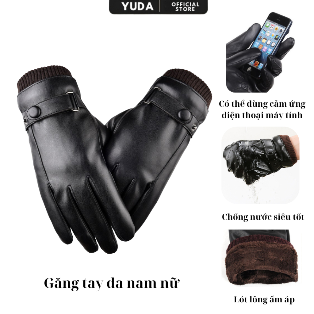 Găng tay da chống nước nam nữ mùa đông YUDA bao tay unisex cảm ứng gang tay lót nỉ giữ ấm đi làm đi phượt đi chơi đi làm
