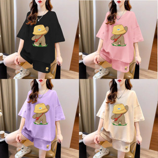 Set bộ đùi nữ mặc nhà rẻ đẹp mùa hè phom rộng bộ quần áo nữ bigsize 40-70kg chất thun cotton in gấu mũ vàng