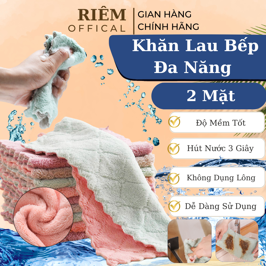 Khăn Lau Bếp Đa Năng 2 Mặt Khăn Lau Đa Năng Siêu Thấm Nước Mềm Mịn Kháng Khuẩn Dễ Giặt Sạch RIEM