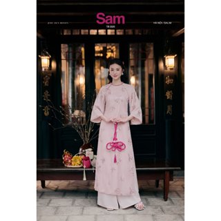 JOIE DES ROSES - Set áo dài cổ tròn xoắn thêu kim sa ba tà Áo Sam và quần dài lụa hồng quần Sam