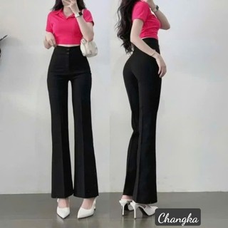  Quần ống loe cạp cao công sở dáng dài 2 cúc khuy màu đen vải tuyết mưa khóa kéo - Quần tây ống loe lưng cao nữ đi học 