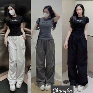  Quần ống rộng cạp chun thun lưng cao có túi màu đen trắng ghi dáng dài chất dù Quần tây ống suông nữ đi học đứng dáng 