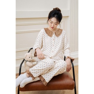  BAE MALI - Bộ mặc nhà chấm bi nâu dài tay chất len mềm SP704 