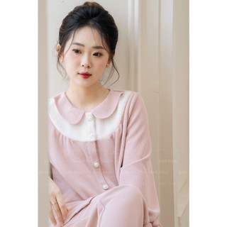  BAE MALI - Bộ mặc nhà len hồng phối trắng dài tay  SP722 