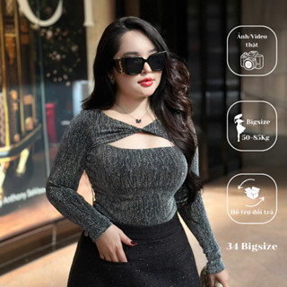Áo thun hở ngực Glean 34AT051 34 Bigsize, áo kiểu tay dài kim sa lắp lánh cho nữ đi chơi di tiệc