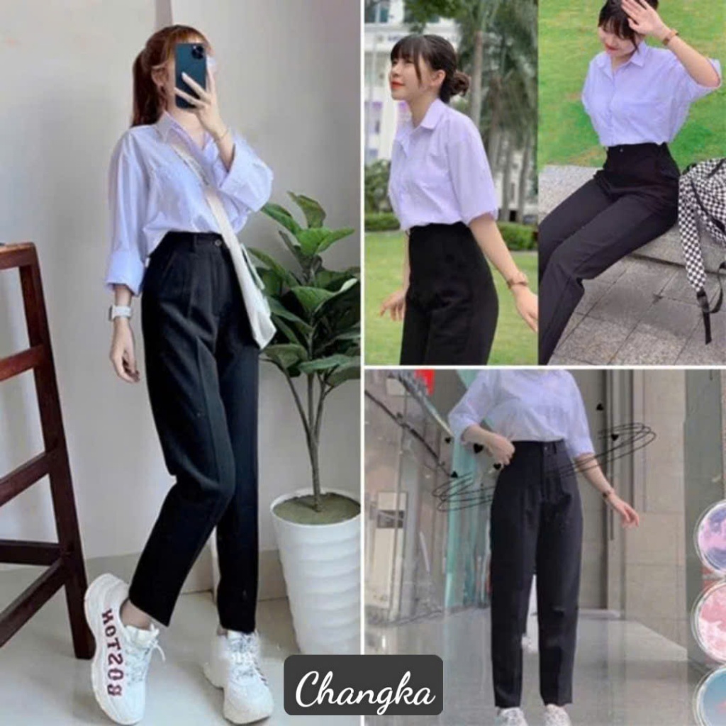 Quần tây nữ lưng cao đi học dáng dài màu xanh đen cạp có đai ống đứng Quần tây baggy nữ cạp cao đi h