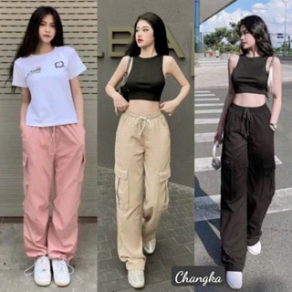 Quần ống rộng kaki túi hộp cạp chun dây rút dáng suông dài Quần kaki ống rộng lưng cao bo gấu co giãn màu Đen kem hồng