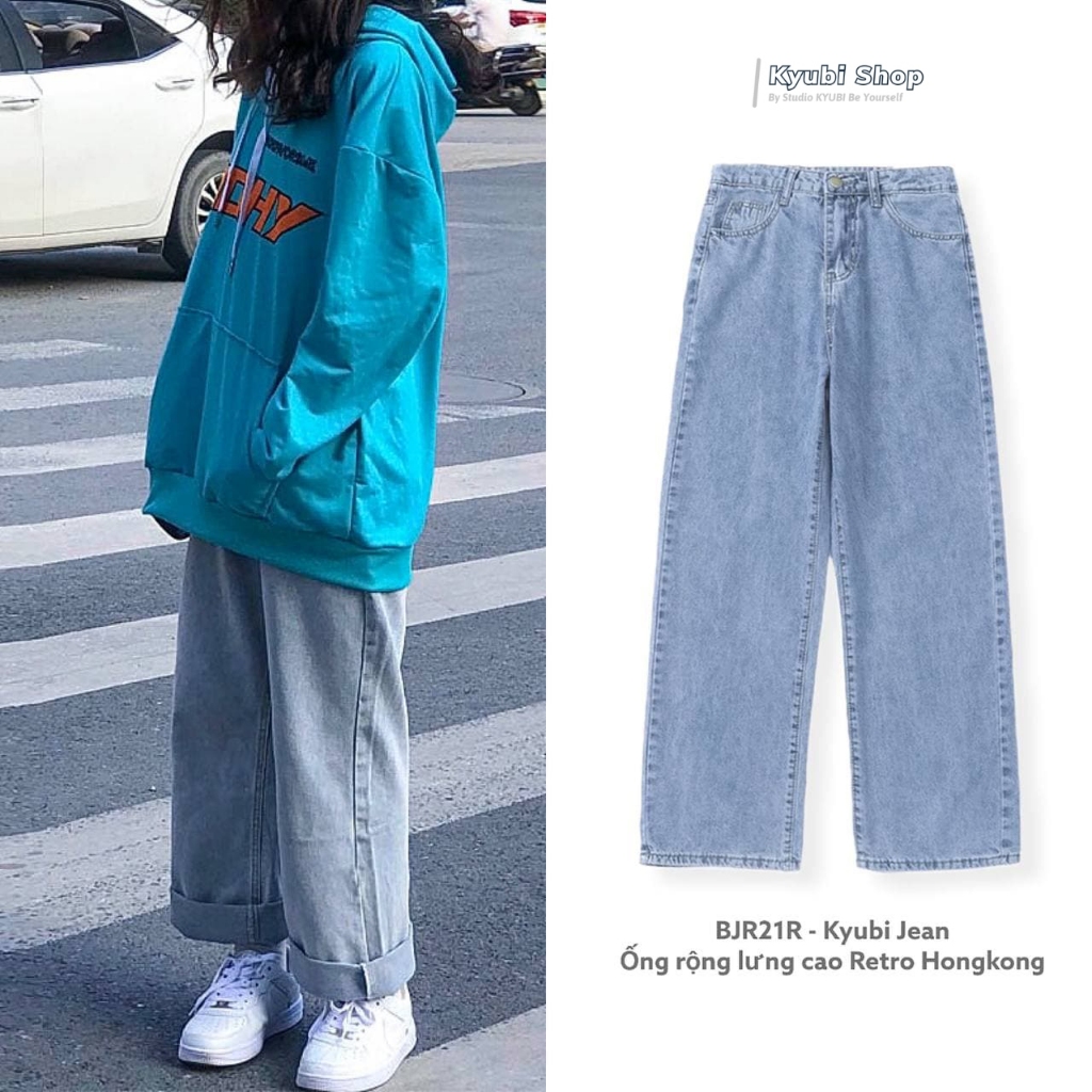Quần Jean nữ ống rộng Ulzzang lưng cao phong cách Retro Jean xanh nhạt [Có Bigsize]- Jean Baggy Kyub