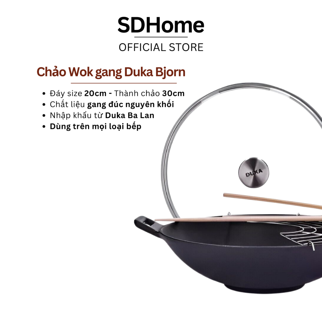 Chảo gang 2 quai Bjorn 30cm kèm phụ kiện (Đen) chảo chiên ngập dầu nồi  gang