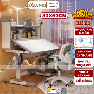 Bàn học trẻ em chống gù Lumili E10, bàn ngồi học cho bé có kệ sách, kèm ghế xoay nâng hạ cao cấp