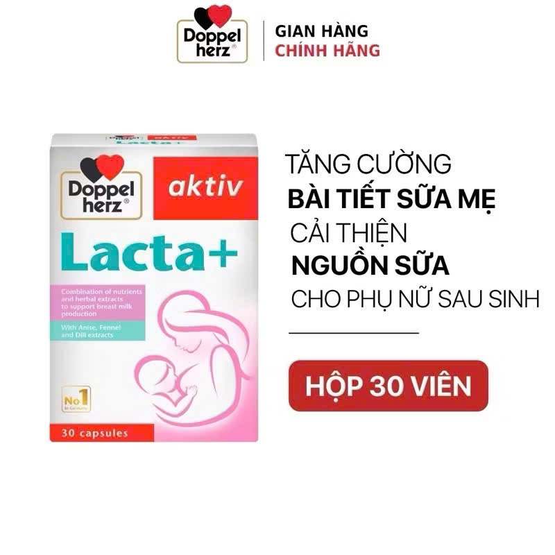 Lợi sữa Doppelherz Aktiv Lacta+ hỗ trợ cải thiện nguồn sữa mẹ sau sinh (Hộp 30 viên) tăng tiết sữa