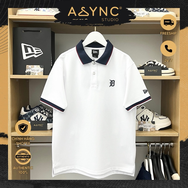(Auth) Áo Polo New Era x MLB Detroit Trắng Cổ Navy Viền Đỏ Trắng Trơn Logo Thêu | CODE: 17885565 - A